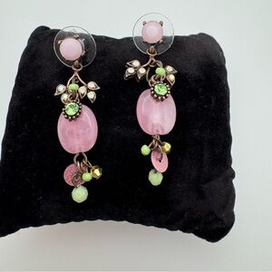 Anthropologie Pink Lucite Floral Crystal Drop Earrings Coquette